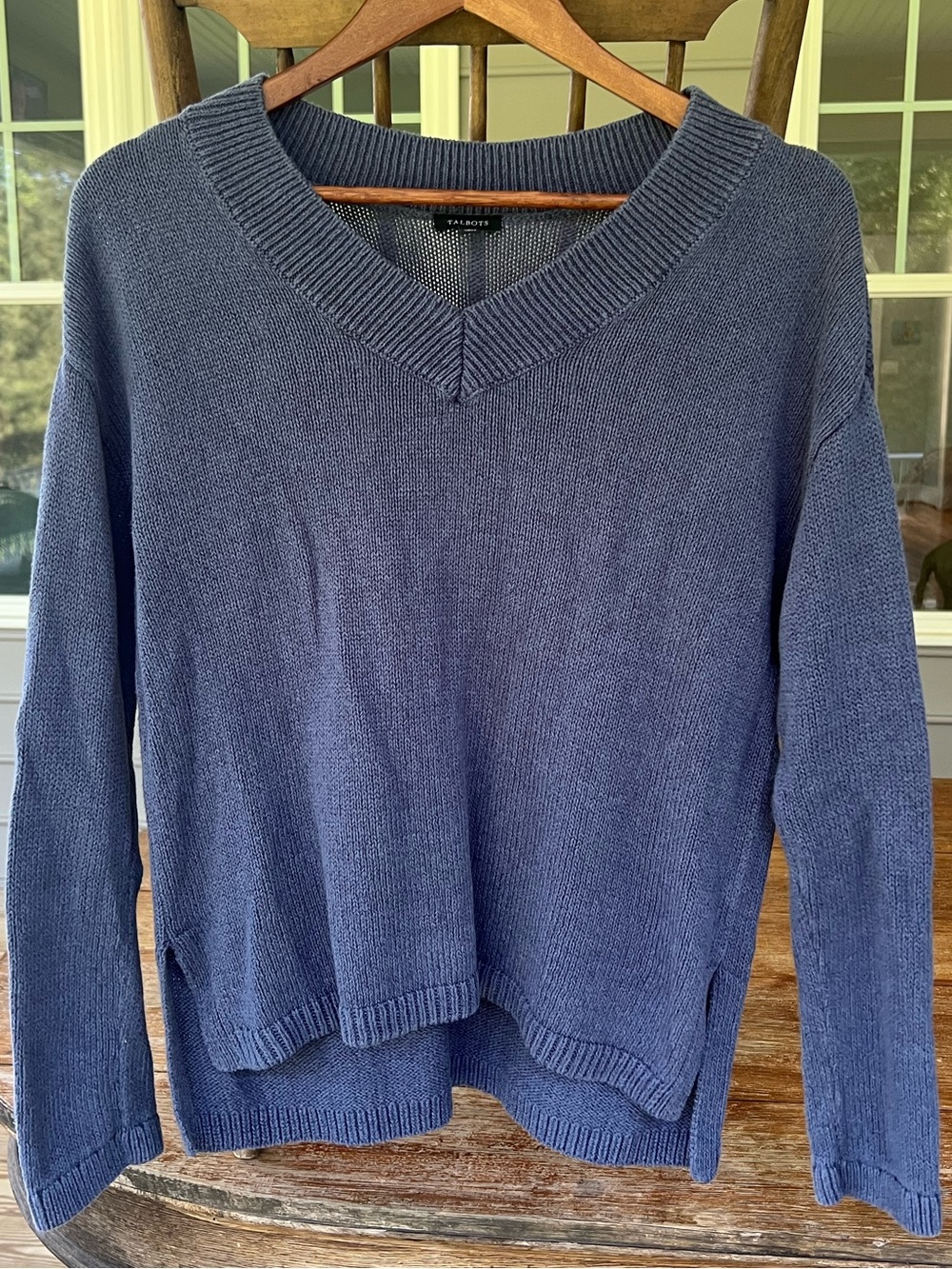 Talbots Women’s Linen Cotton Blend V-Neck Sweater Long Sleeve Blue Pullover Sz S